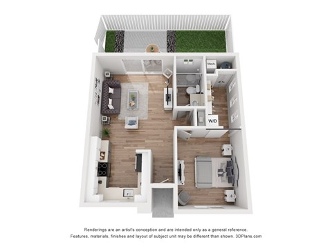 Floor plan for 1 bed, 1 bath, 676 sqft